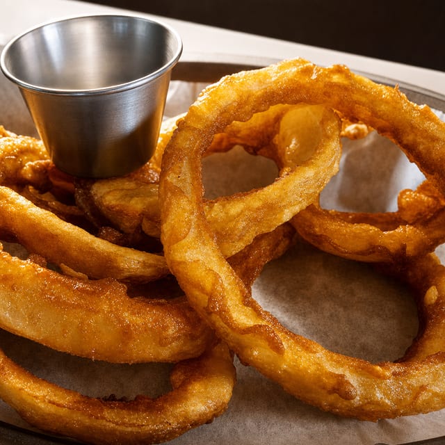 Hand Battered Onion Rings.