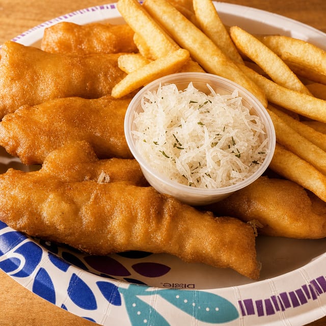 Chicken Strips with French Fries.